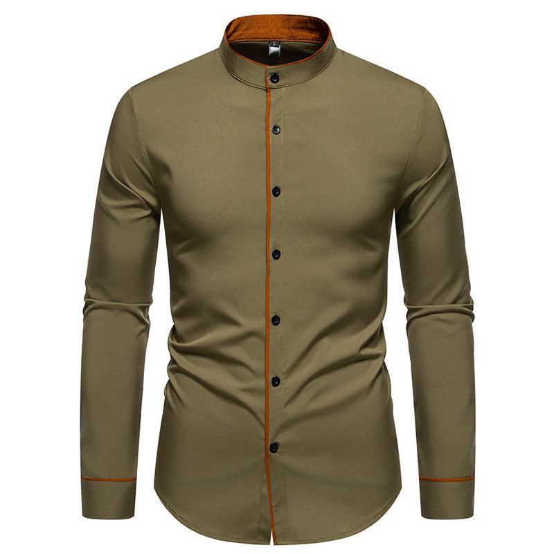 Herren Langarmhemd mit modernem Stehkragen und gesticktem Detail EB