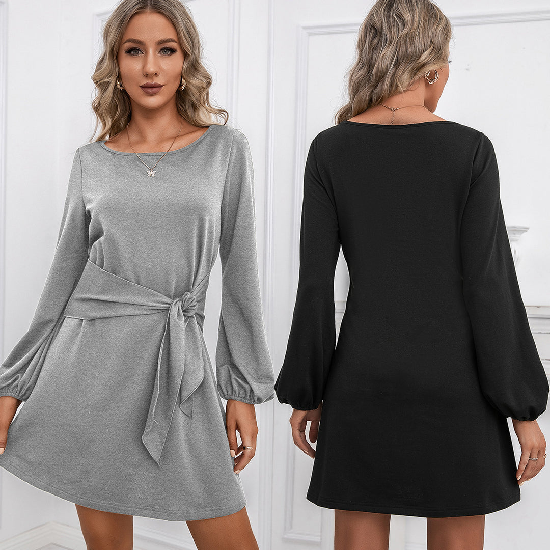 Damen elegantes Wickelkleid mit langem Arm und Taillengürtel EB