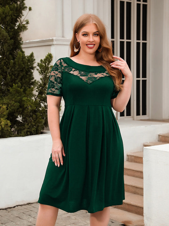 Damen Elegantes Kleid mit Spitzenärmel und schwingendem Rock EB