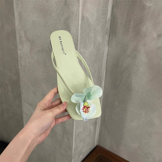 Damen Flip-Flops mit dekorativen Orchideen-Applikationen EB