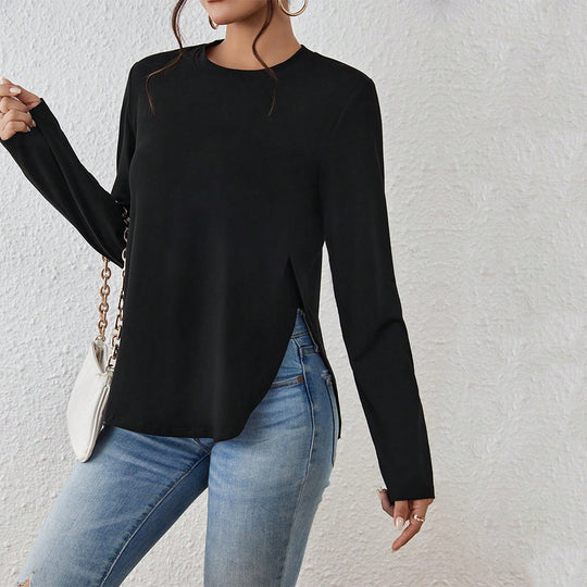 Damen Langarmshirt mit seitlichen Schlitzen, Rundhalsausschnitt und entspannter Casual-Passform Eichborn Berlin