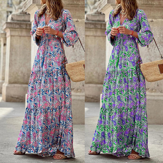 Damen Maxikleid mit floralen Mustern und voluminösen Ärmeln EB