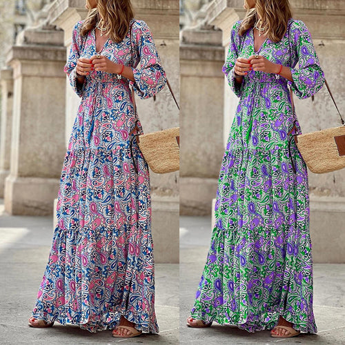 Damen Maxikleid mit floralen Mustern und voluminösen Ärmeln EB