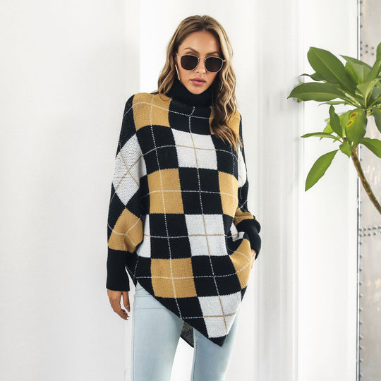 Damen Oversized Strickpullover mit asymmetrischem Saum und hohem Kragen EB