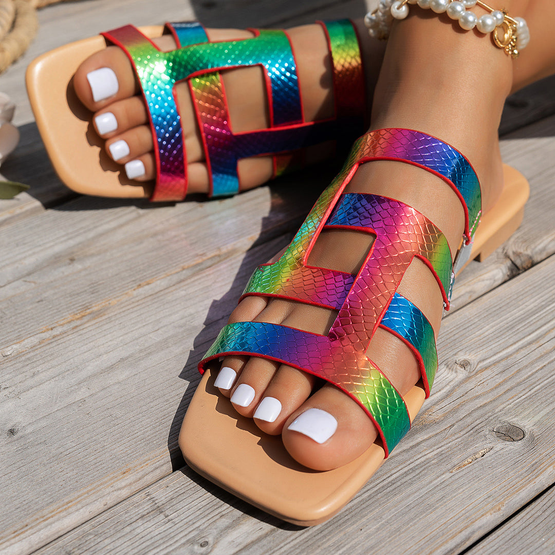 Damen Sommerliche Rutschfeste Sandalen mit Mehrfarbigem Riemen Design EB