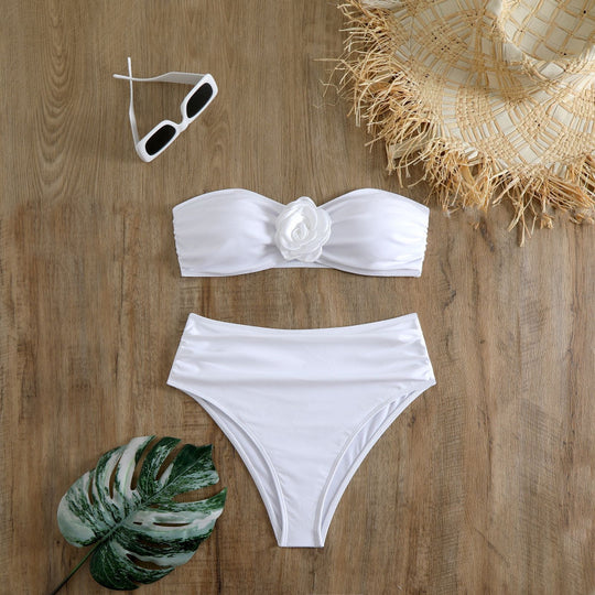 Damen Bandeau-Bikini mit floralem Detail und hochgeschnittenem Höschen EB