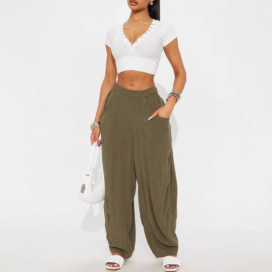 Damen Lässige Weite Stoffhosen mit praktischen Taschen EB