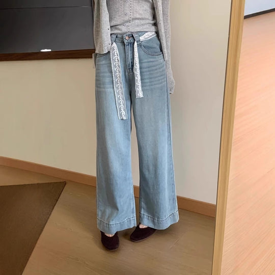 Damen Weite High-Waist Jeans mit dekorativem Kordelzug EB