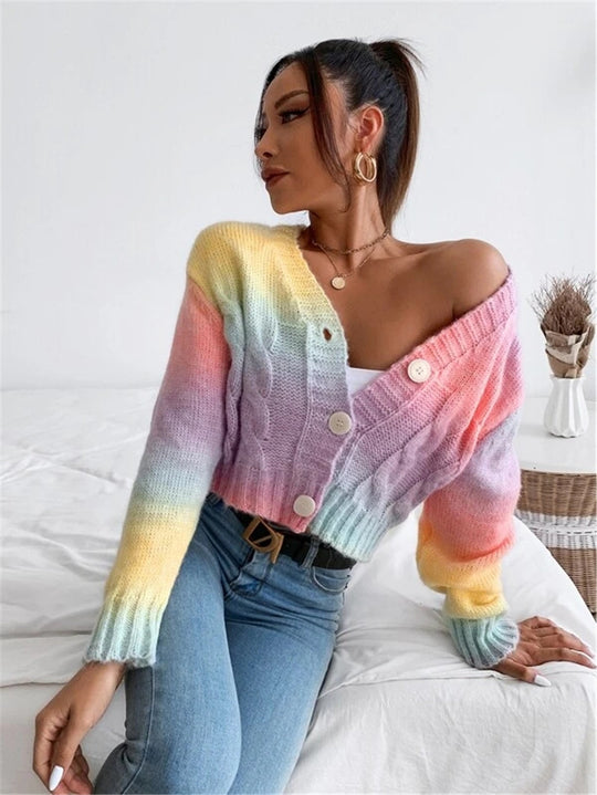 Damen Modischer Oversized-Cardigan mit buntem Farbverlauf und Knopfdetails EB