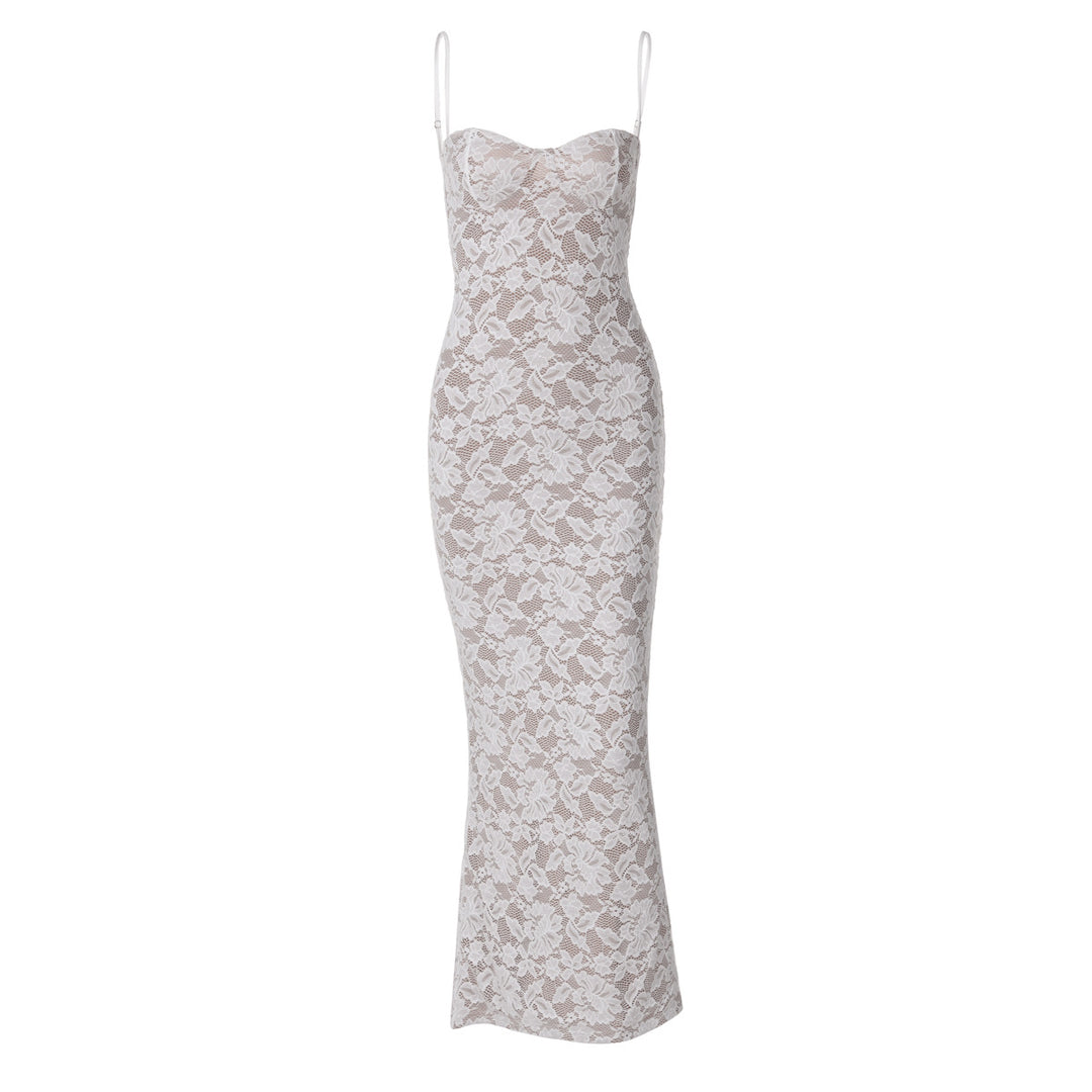 Damen Elegantes Spitzenkleid mit figurbetonter Silhouette und verstellbaren Spaghettiträgern EB