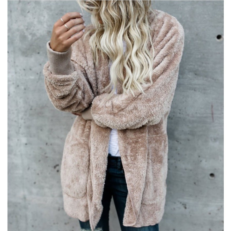 Damen Oversize Teddy‑Fleece‑Mantel mit offener Front, Eingrifftaschen und Rippbündchen EB