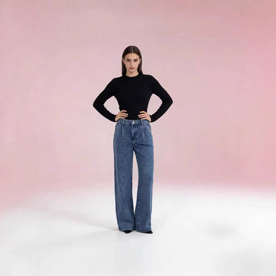 Damen nan hochgeschnittene Bundfalten-Weitbein-Jeans mit hohem Bund und Gürtelschlaufen EB