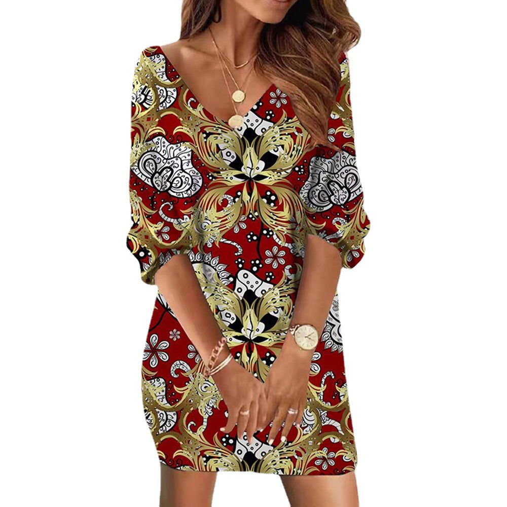 Damen Freizeitkleid mit verspieltem Camouflage-Muster und V-Ausschnitt EB