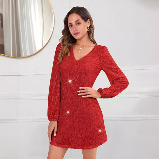 Damen Glitzerndes Cocktailkleid mit V-Ausschnitt und langen Ärmeln EB
