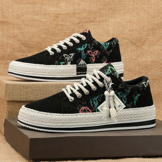 Damen modische Sneakers mit trendigem Textil-Obermaterial und geflochtener Sohle EB