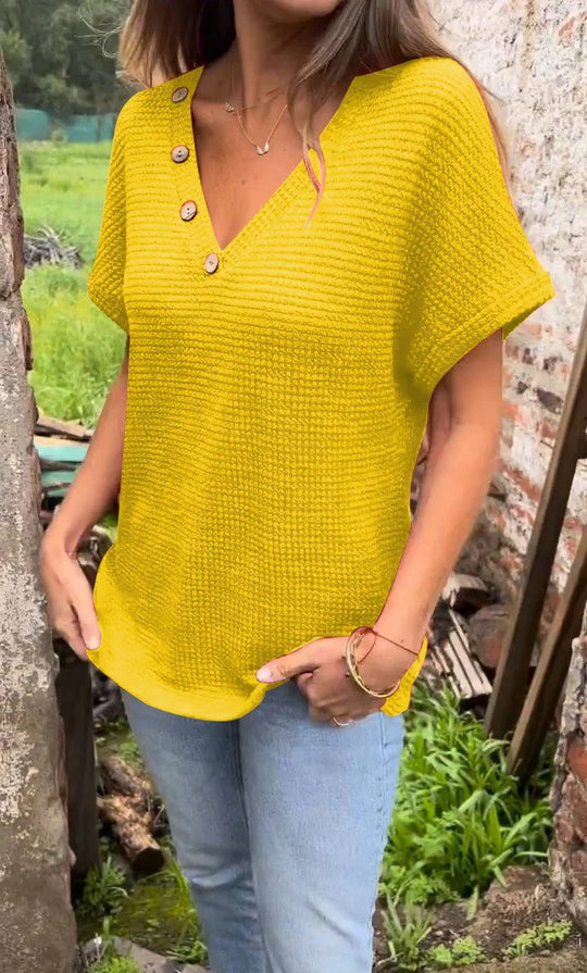 Damen lässiger V-Ausschnitt Pullover mit Knöpfen EB