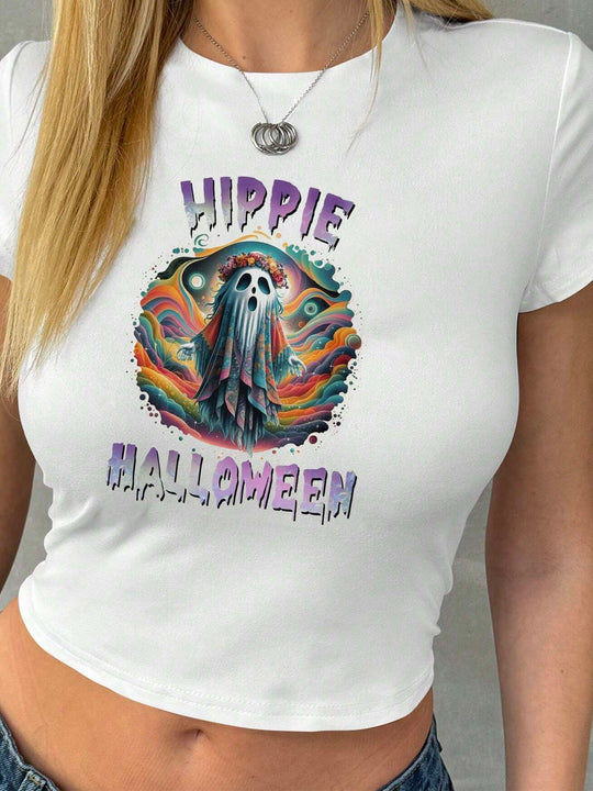 Damen Crop-T-Shirt mit kreativem Lippenmotiv und figurbetontem Schnitt EB