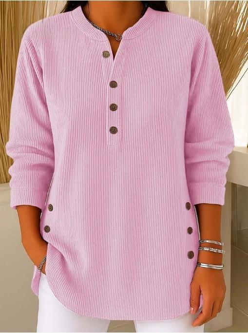 Damen nan plissee Tunika-Bluse mit Stehkragen, Knopfleiste und seitlichen Zierknöpfen EB