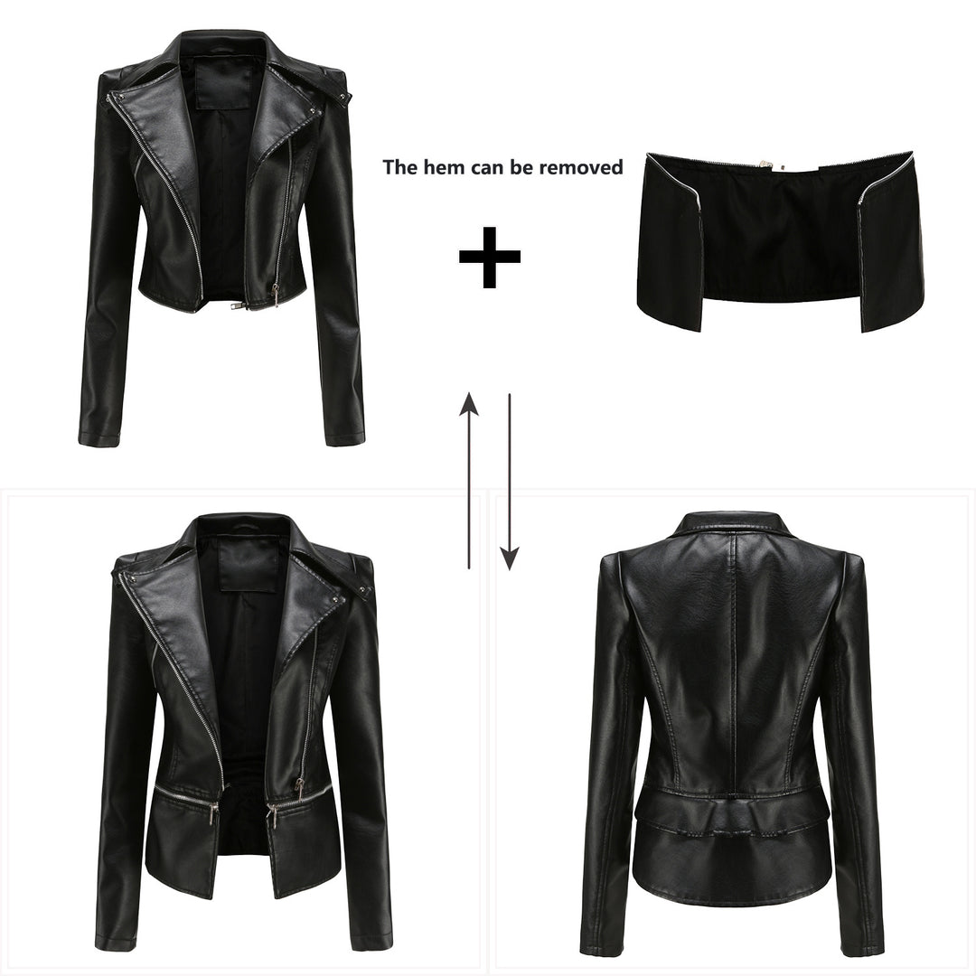 Damen nan taillierte Kunstleder-Bikerjacke mit asymmetrischem Reverskragen EB