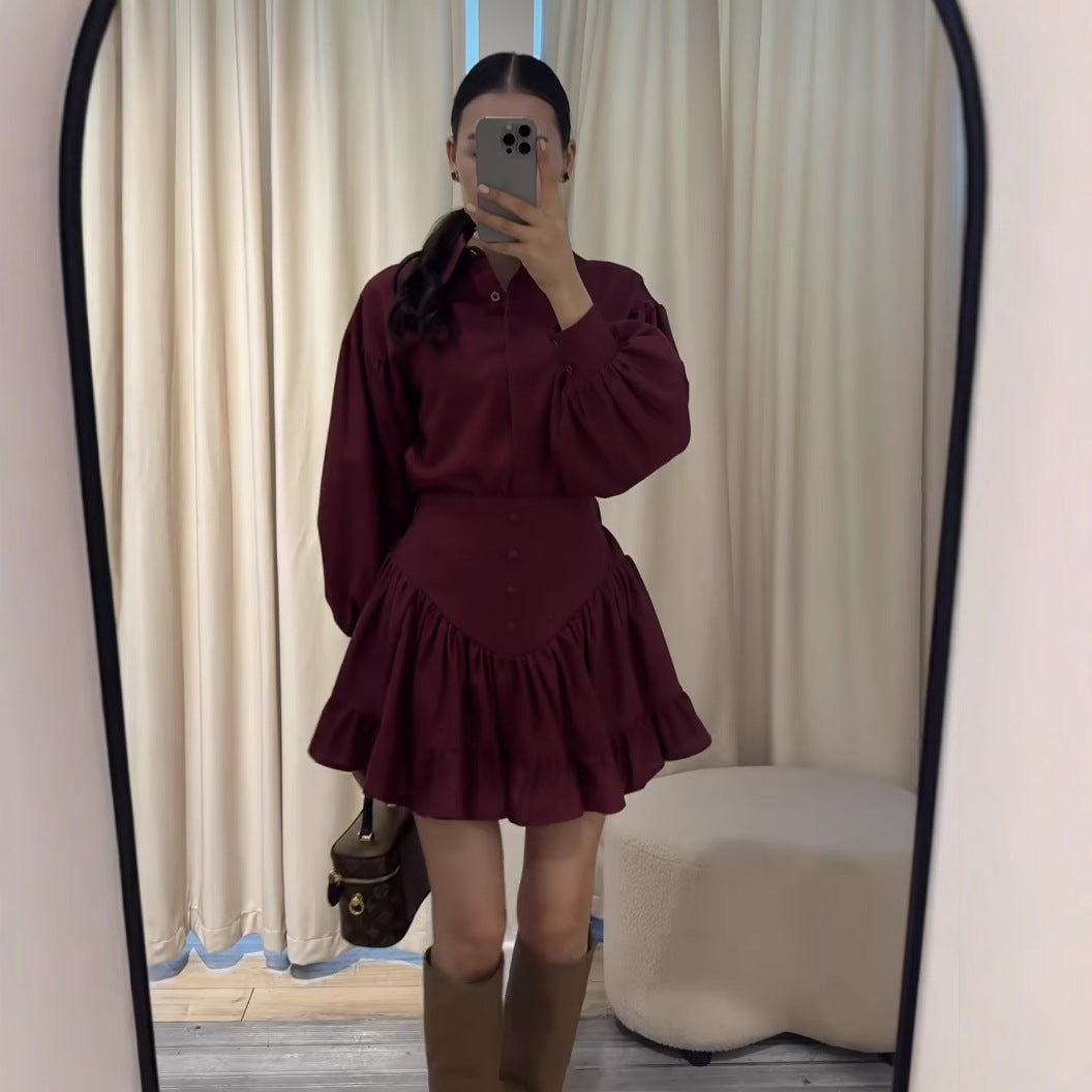 Damen Set aus eleganter Bluse mit Puffärmeln und schwingendem Rock EB