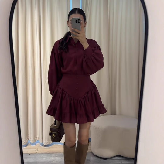 Damen Set aus eleganter Bluse mit Puffärmeln und schwingendem Rock EB
