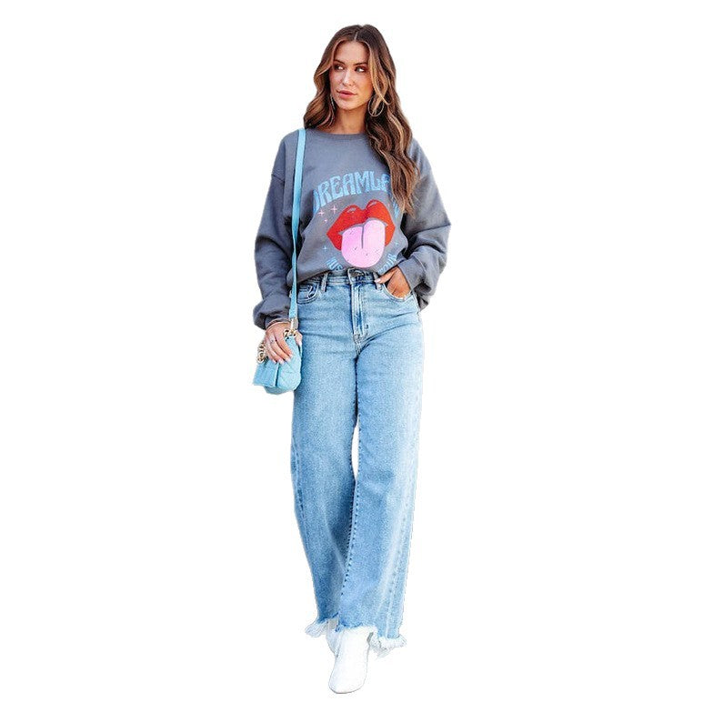 Damen Weite Jeans mit fransigem Saum EB