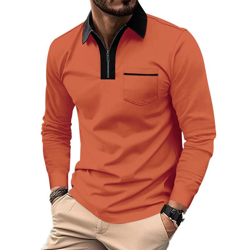 Herren nan elegantes Langarm-Poloshirt mit markantem Stehkragen Metall-Kurzreißverschluss und Brustleistentasche EB