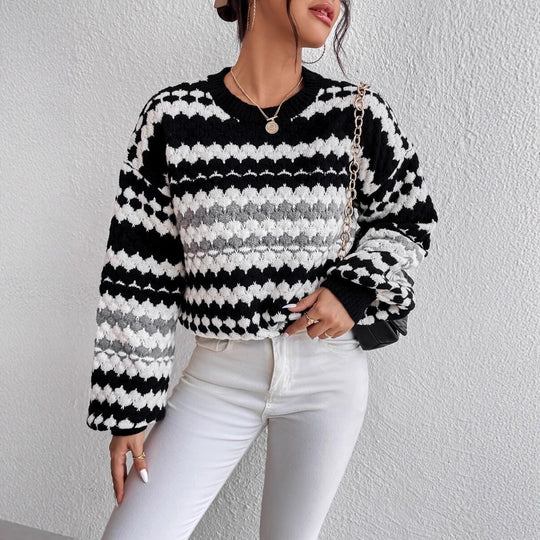 Damen Strickpullover mit kreativem Lochmuster und modischen Farbakzenten EB