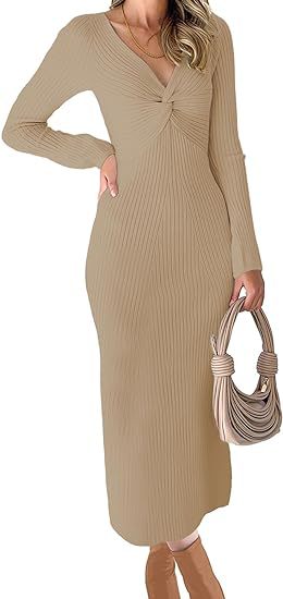 Damen elegantes Midikleid mit V-Ausschnitt und strukturiertem Rippdesign EB
