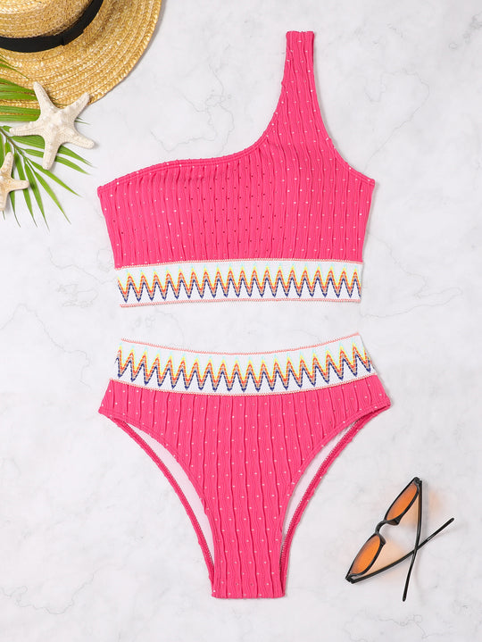 Damen Einseitiger Crop-Bikini mit buntem Jacquardband EB