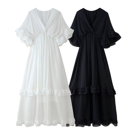 Damen Maxikleid mit voluminösen Rüschendetails und elegantem V-Ausschnitt EB