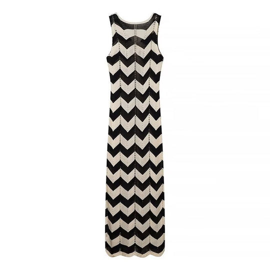 Damen Maxikleid mit raffiniertem Zick-Zack-Muster und eleganter Schnürung EB