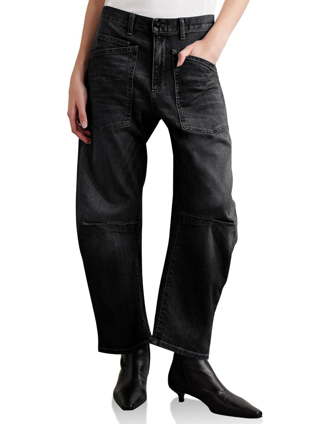 Damen nan lässige Canvas-Hose mit hohem Bund, weitem Bein und aufgesetzten Taschen EB