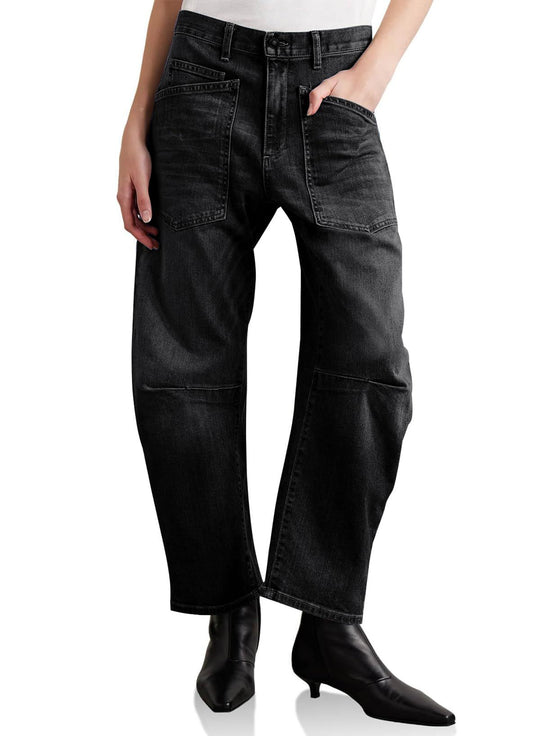Damen nan lässige Canvas-Hose mit hohem Bund, weitem Bein und aufgesetzten Taschen EB