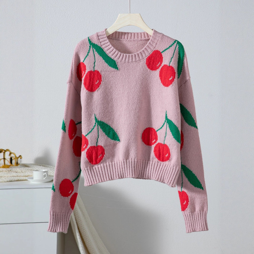 Damen lässiger Pullover mit fruchtigem Kirschmuster und weichem Strick EB