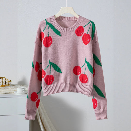 Damen lässiger Pullover mit fruchtigem Kirschmuster und weichem Strick EB