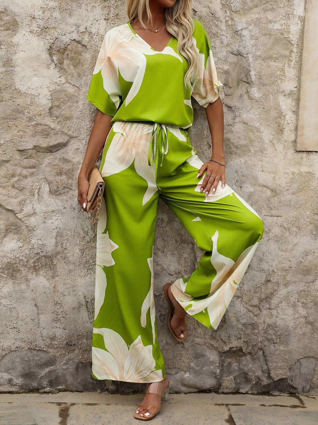 Damen luftiger Hosenanzug mit floralem Print und elastischem Bund EB