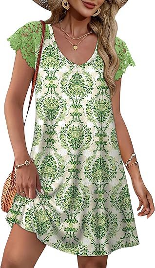Damen Sommerkleid mit eleganten Spitzenärmeln und floralem Muster EB
