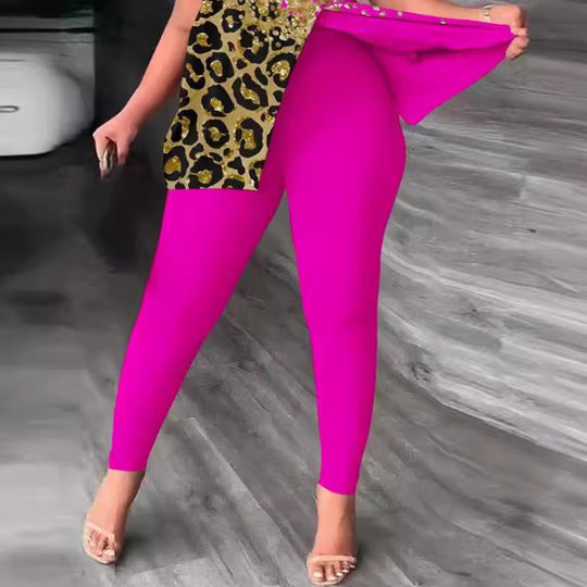 Damen Einseitig schulterfreier Jumpsuit mit animalischem Druck und Glitzerakzenten EB