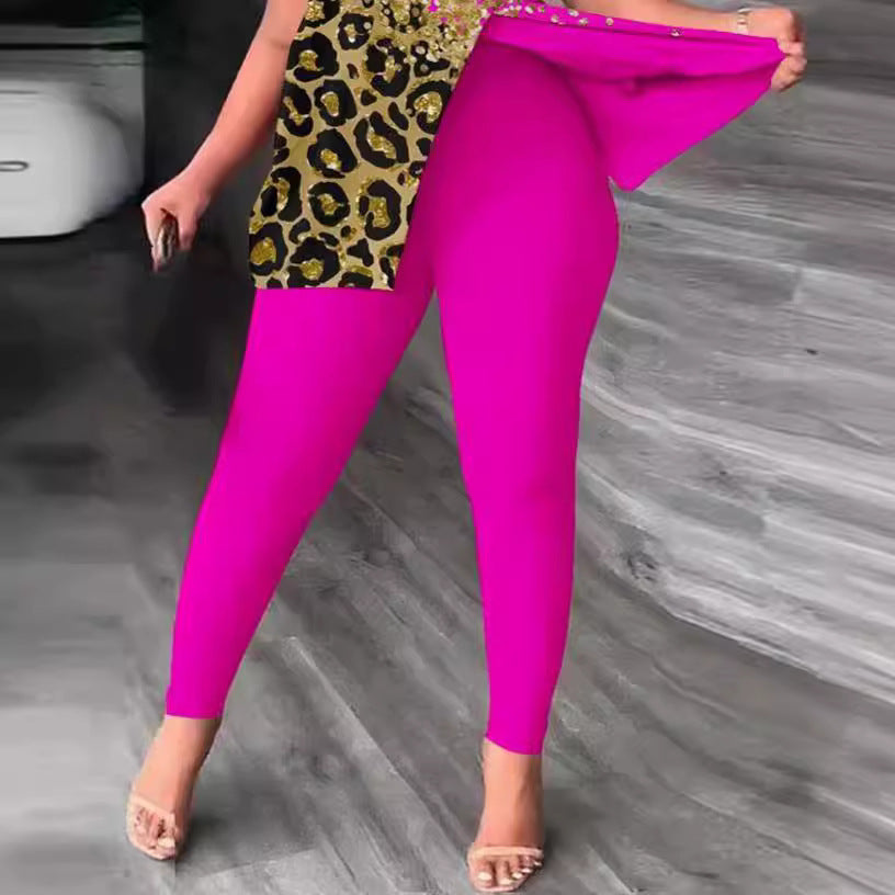 Damen Einseitig Off-Shoulder Jumpsuit mit Animal-Print und funkelnden Akzenten EB