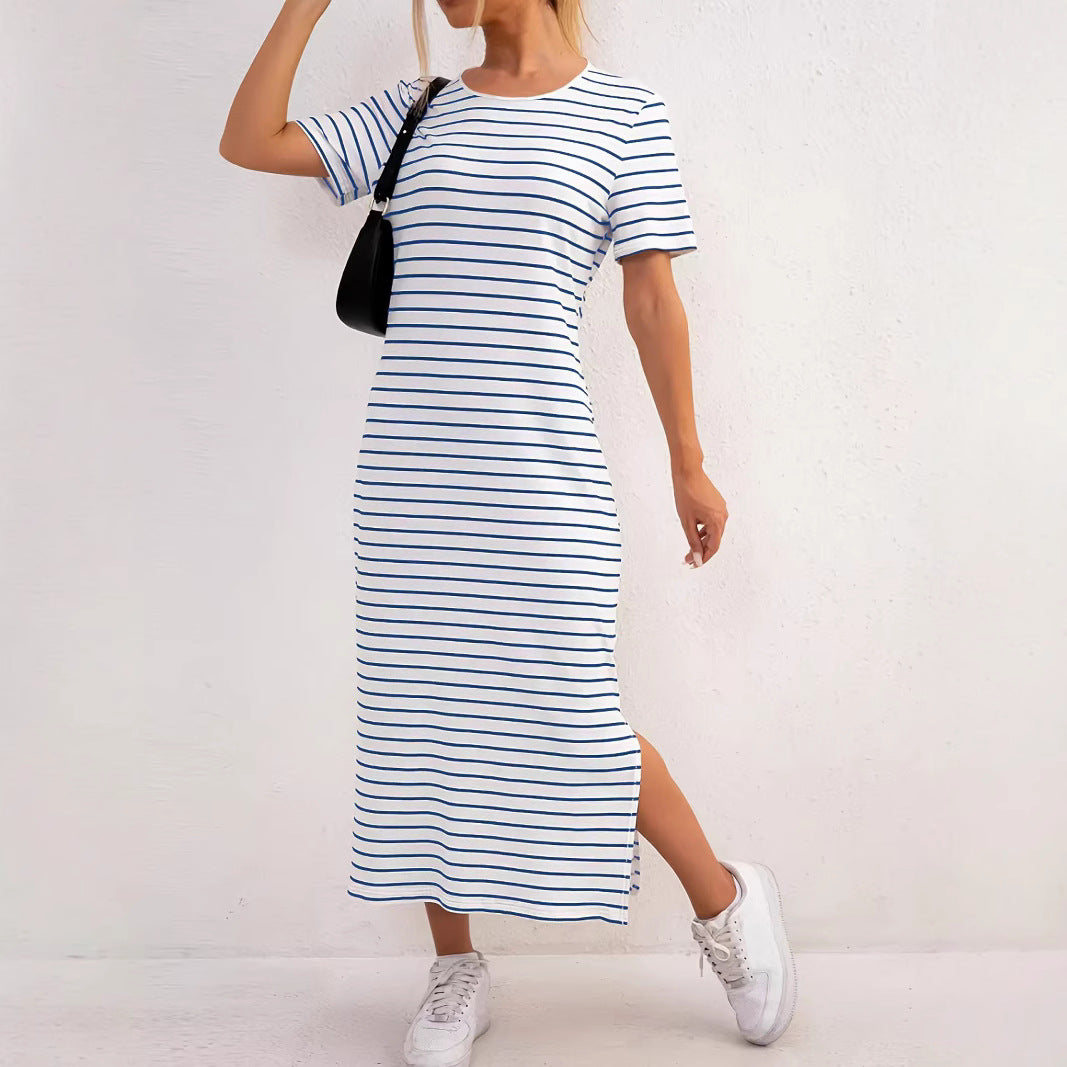 Damen Maxikleid mit seitlichen Schlitzen und gestreiftem Design EB