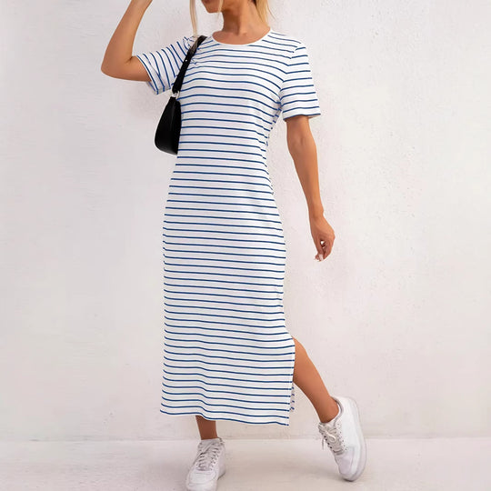 Damen Maxikleid mit seitlichen Schlitzen und gestreiftem Design EB