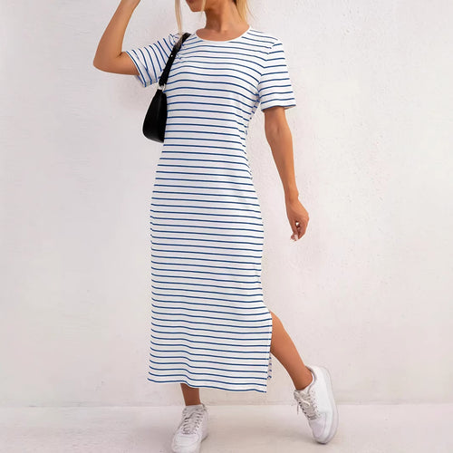 Damen Maxikleid mit seitlichen Schlitzen und gestreiftem Design EB