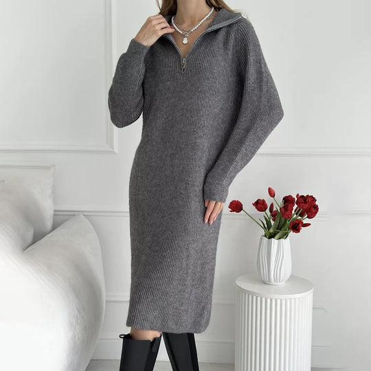 Damen Strickkleid mit Stehkragen und durchgehendem Reißverschluss EB