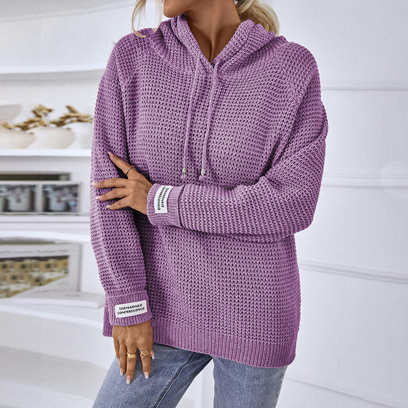 Damen bequemer Kapuzenpullover mit strukturiertem Strickmuster und seitlichen Schlitzen EB