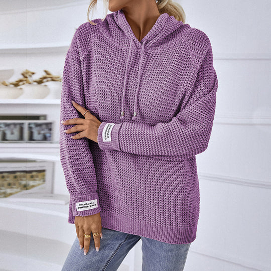 Damen bequemer Kapuzenpullover mit strukturiertem Strickmuster und seitlichen Schlitzen EB