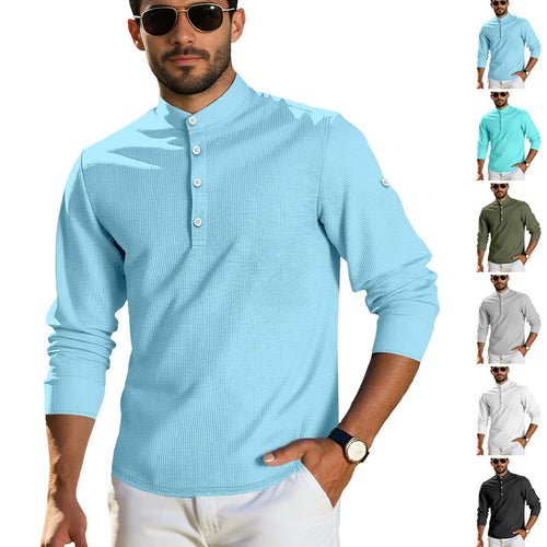 Herren nan strukturiertes Langarm-Henley mit Nehru-Kragen und Ton-in-Ton-Knopfleiste EB