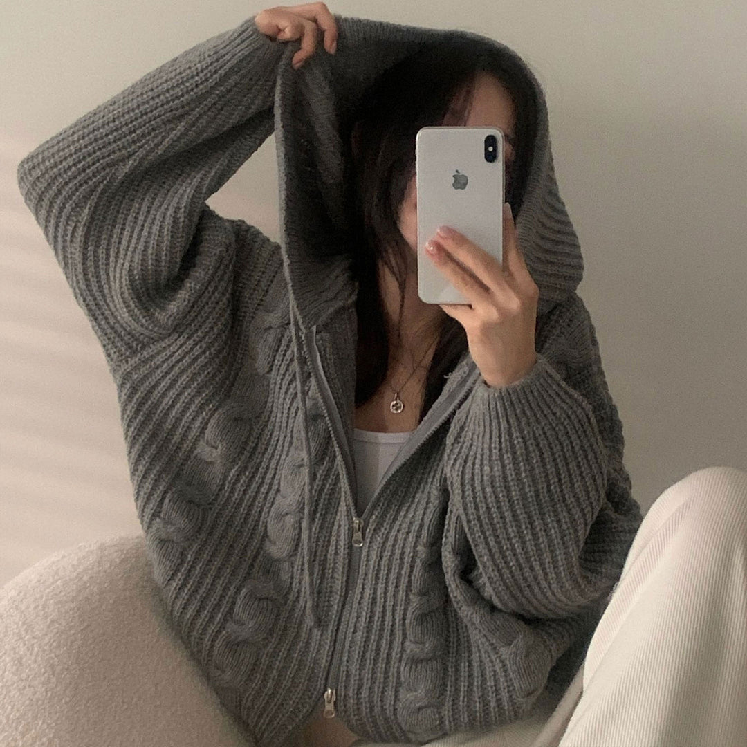 Damen Bequemer Strickjacke mit Kapuze und Reißverschluss EB