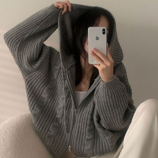 Damen Bequemer Strickjacke mit Kapuze und Reißverschluss EB