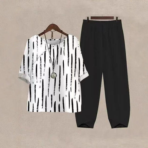 Damen nan weites Shirt mit Pinselstrichmuster, überschnittener Schulter und elastischer Komforthose mit Gummizug EB